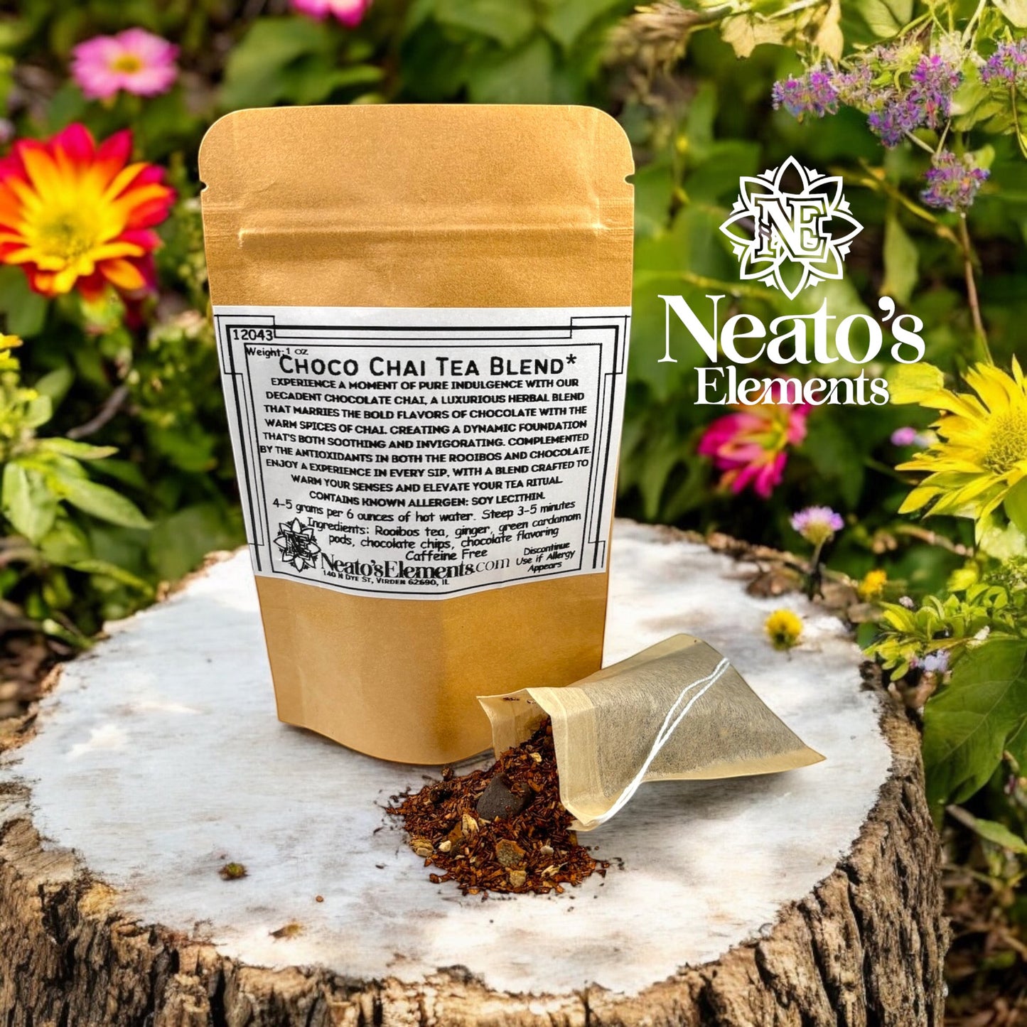 Neato's Elements Choco Chai Tea Blend loose leaf tea with chocolate chips and spices on a tree stump.