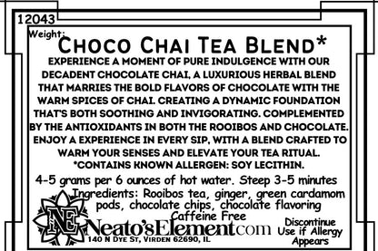 Neatos Elements Choco Chai Tea Blend loose leaf tea with rooibos, ginger, cardamom, and chocolate chips. Caffeine-free.
