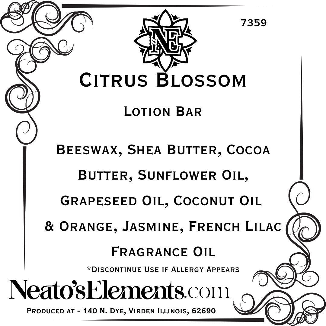 Neatos Elements Citrus Blossom Lotion Bar, solid lotion bar with beeswax, shea butter, cocoa butter, and natural oils for intense hydration.