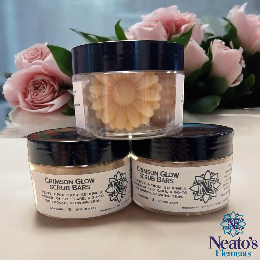 Neatos Elements Crimson Glow Scrub Bars, 5 pack, made with sugar, Himalayan salt, apricot oil, cocoa butter, shea butter, and pomegranate fragrance.