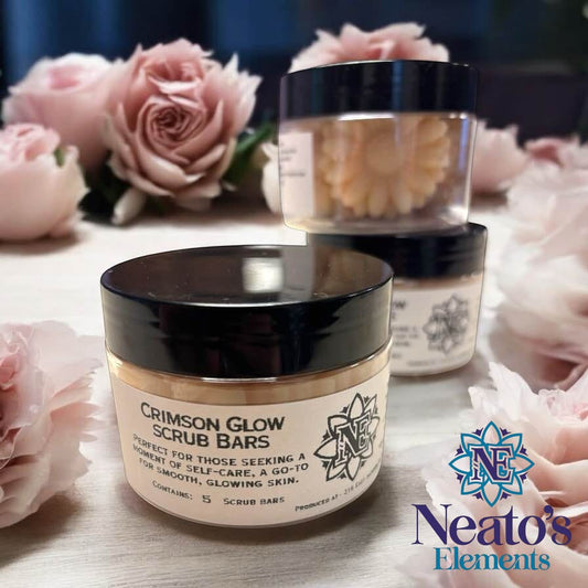 Neatos Elements Crimson Glow Scrub Bars 5-pack in jars, made with sugar, Himalayan salt, apricot oil, cocoa butter, shea butter, and pomegranate fragrance.