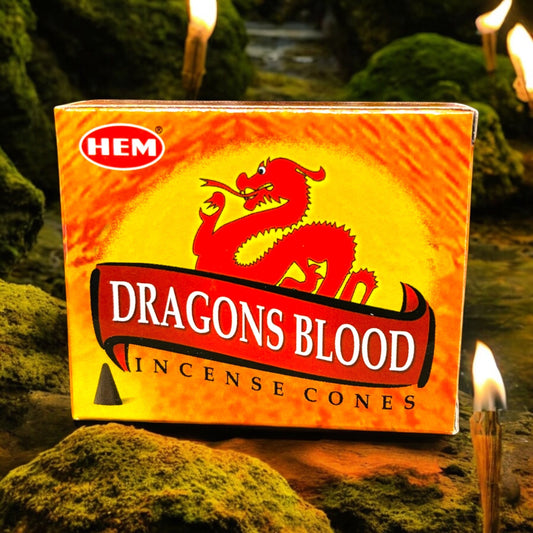 Neatos Elements Dragons Blood Incense Cones box with red dragon graphic, ideal for meditation and clearing negative energy.