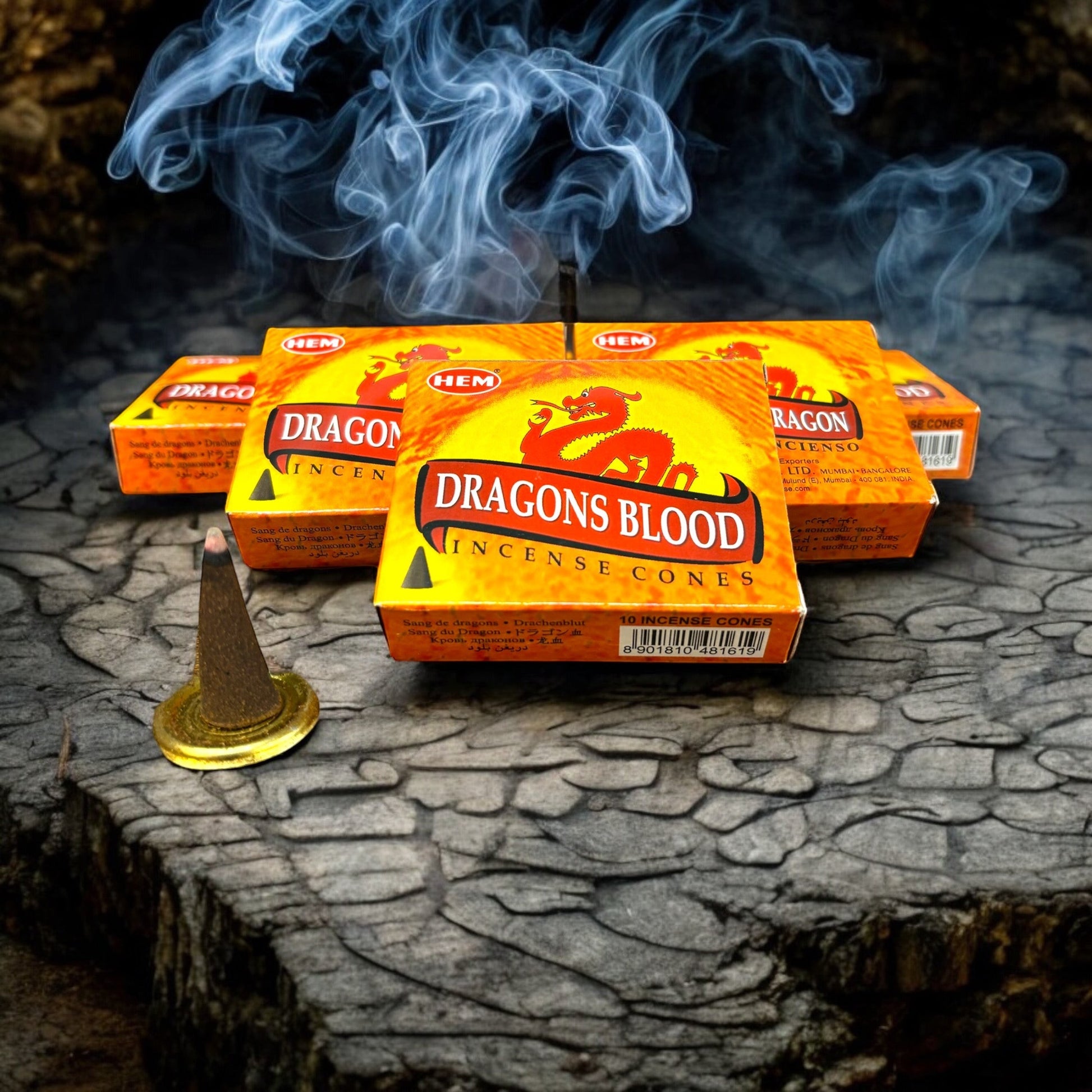 Neatos Elements Dragons Blood Incense Cones, featuring a single burning cone and boxes of incense with a dragon graphic.