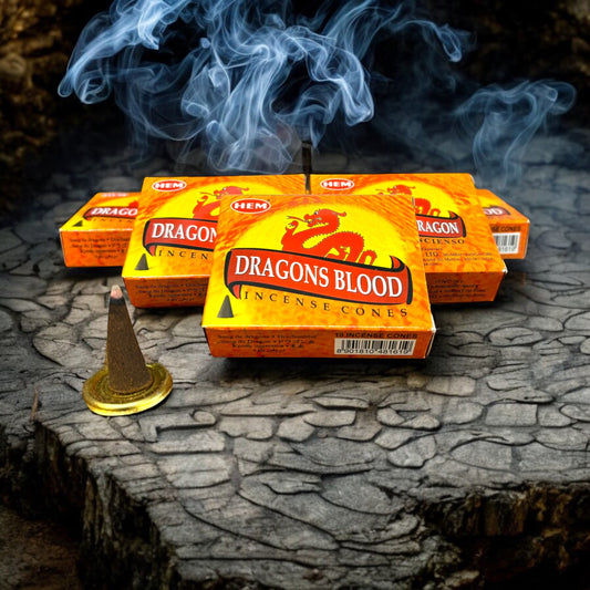 Neatos Elements Dragons Blood Incense Cones, featuring a single burning cone and boxes of incense with a dragon graphic.