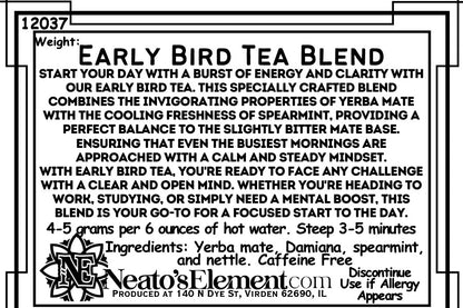 Neatos Elements Early Bird Tea Blend loose leaf tea with yerba mate, damiana, spearmint, and nettle. Caffeine Free.