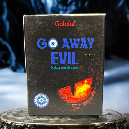 Neatos Elements Go Away Evil Incense Cones box with blue text and evil eye graphics. Natural masala cones.