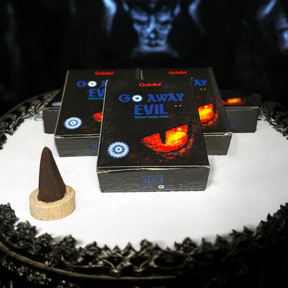 Neatos Elements Go Away Evil incense cones, natural masala, black box with fiery eye and blue evil eye symbol.