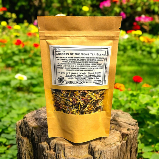 Neatos Elements Goddess of the Night loose leaf tea blend with lavender, sage, oolong, calendula, roses, hibiscus, chamomile, orange peel, ginger, burdock root, and yarrow.