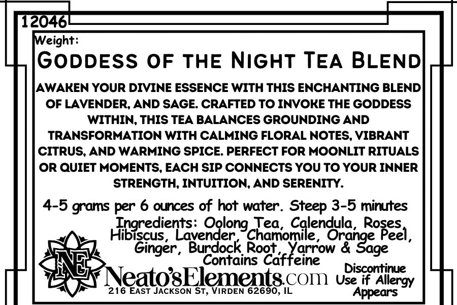 Neato's Elements Goddess of the Night loose leaf tea blend with lavender, sage, oolong, calendula, roses, hibiscus, chamomile, orange peel, ginger, burdock root, and yarrow. Contains caffeine.