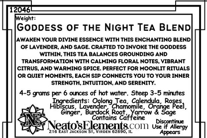 Neato's Elements Goddess of the Night loose leaf tea blend with lavender, sage, oolong, calendula, roses, hibiscus, chamomile, orange peel, ginger, burdock root, and yarrow. Contains caffeine.