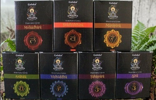Neatos Elements Goloka Chakra Cone Incense boxes, featuring various chakra designs and names like Mooladhara, Swadhisthana, and Manipura.