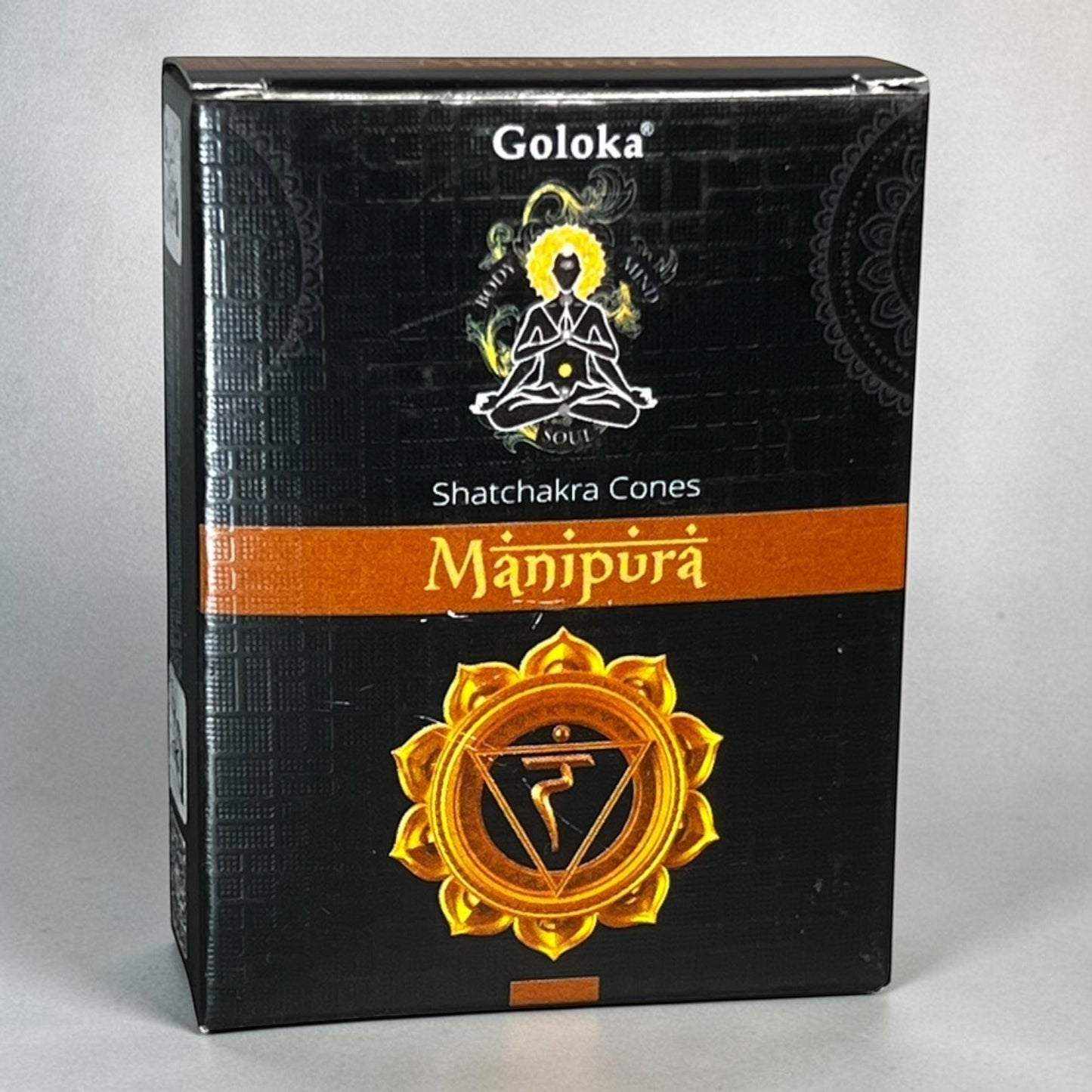 Neatos Elements Goloka Chakra Manipura incense cones, handmade in India, 30-minute burn time.