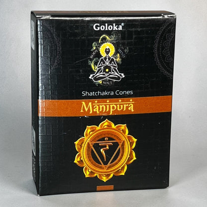 Neatos Elements Goloka Chakra Manipura incense cones, handmade in India, 30-minute burn time.