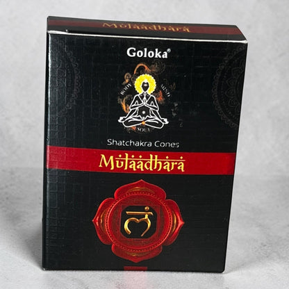 Neatos Elements Goloka Mulaadhara Shatchakra Cones incense box with a meditating figure and chakra symbol.