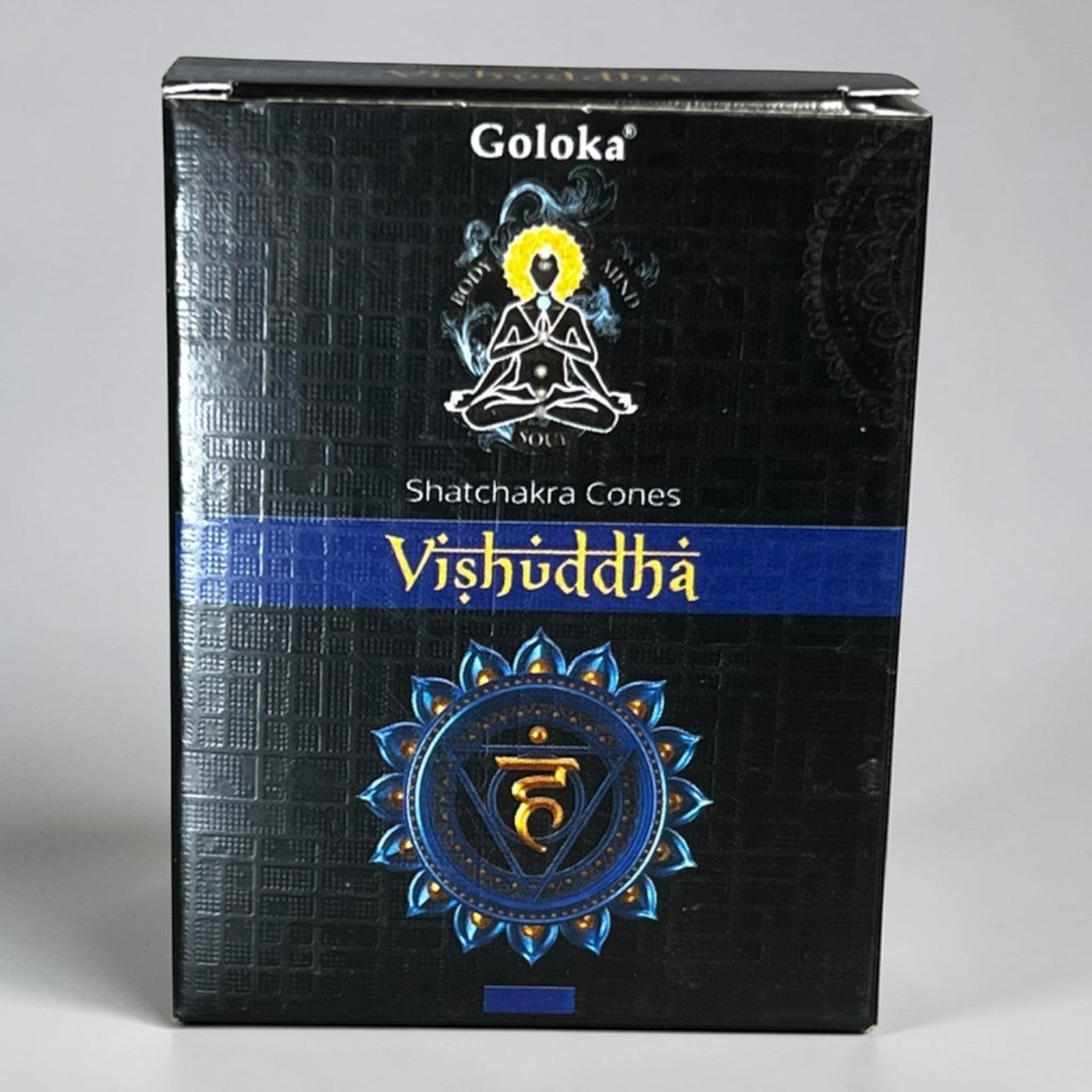 Neatos Elements Goloka Vishuddha Satchakra Cones incense box with a meditating figure and chakra symbol.