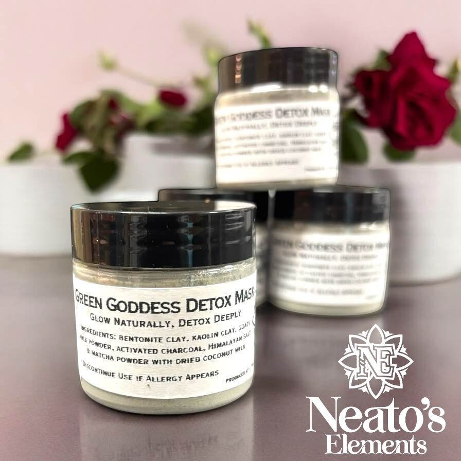 Neato's Elements Green Goddess Detox Mask in a 1.5 oz jar, featuring bentonite clay, kaolin clay, activated charcoal, matcha, goat's milk, and Himalayan salt.