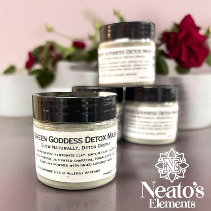 Neato's Elements Green Goddess Detox Mask in a 1.5 oz jar, featuring bentonite clay, kaolin clay, activated charcoal, matcha, goat's milk, and Himalayan salt.
