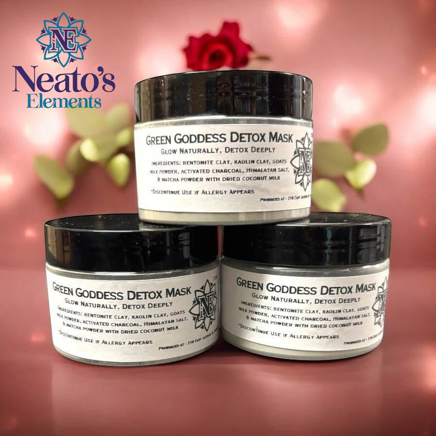 Neatos Elements Green Goddess Detox Mask in a 3 oz jar, featuring bentonite clay, charcoal, and matcha for deep pore cleansing.
