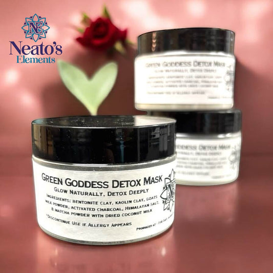 Neatos Elements Green Goddess Detox Mask in a glass jar with a black lid. Ingredients include clay, charcoal, matcha, and goat's milk.
