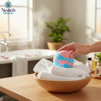 Neatos Elements Heartbreaker bath bomb, pink and blue swirls, resting on white towels in a wooden bowl.