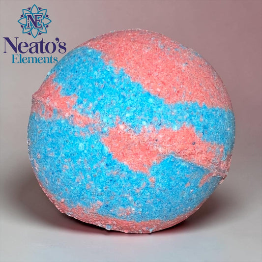 Neatos Elements Heartbreaker bath bomb, swirled pink and blue, with hidden crystal surprise.