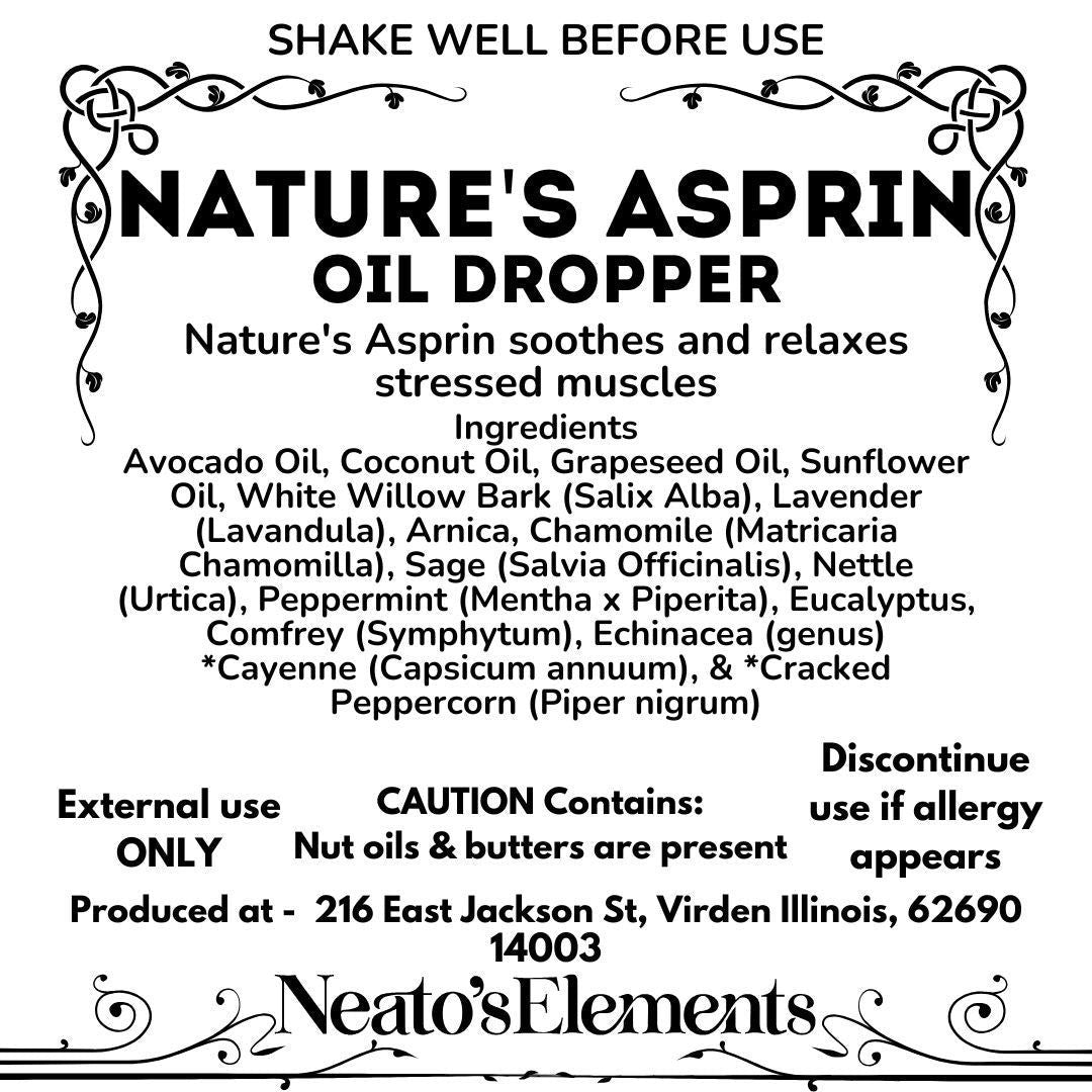 Neatos Elements Nature's Asprin Oil Dropper, 1 oz, herbal infusion for muscle relief with Arnica, White Willow Bark, and essential oils.