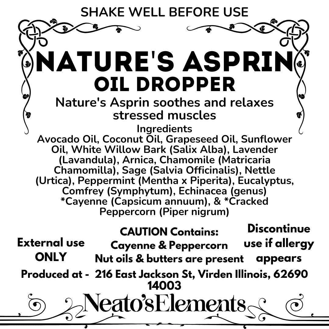 Neatos Elements Nature's Asprin Herbal Oil Dropper, 2 oz bottle with herbal blend for soothing muscles.