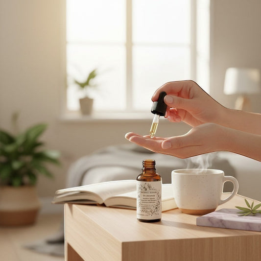 Neatos Elements Nature's Asprin herbal oil dropper bottle with amber glass, being dispensed into palm.