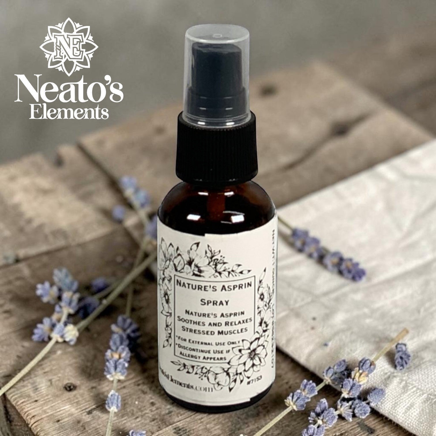 Neatos Elements Nature's Asprin herbal spray bottle with a floral label, for soothing stressed muscles.