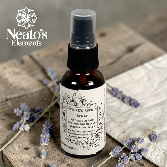 Neatos Elements Nature's Asprin herbal spray bottle with a floral label, for soothing stressed muscles.