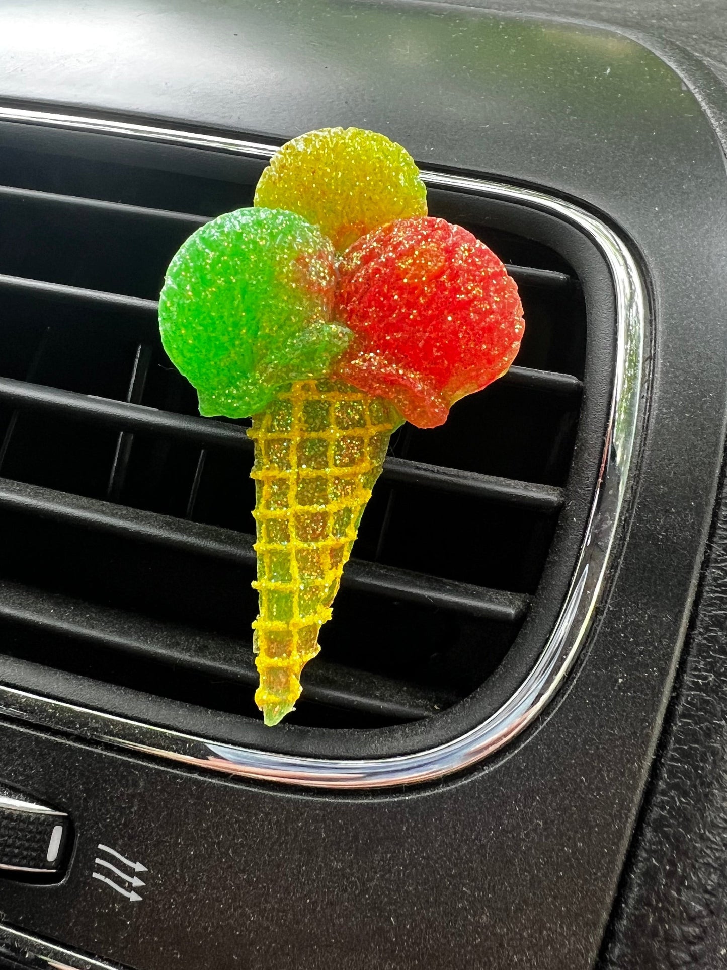 Neatos Elements Paradise Petals triple scoop ice cream cone car vent freshie, glittery red, green, and yellow aroma beads.