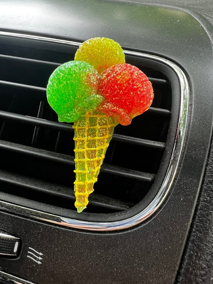 Neatos Elements Paradise Petals triple scoop ice cream cone car vent freshie, glittery red, green, and yellow aroma beads.