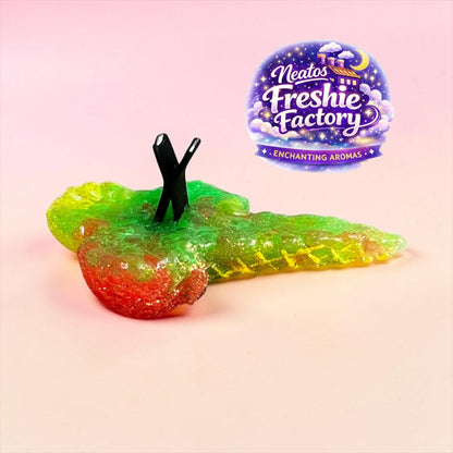 Neatos Elements Paradise Petals triple scoop ice cream cone car vent freshie, red and green with glitter.