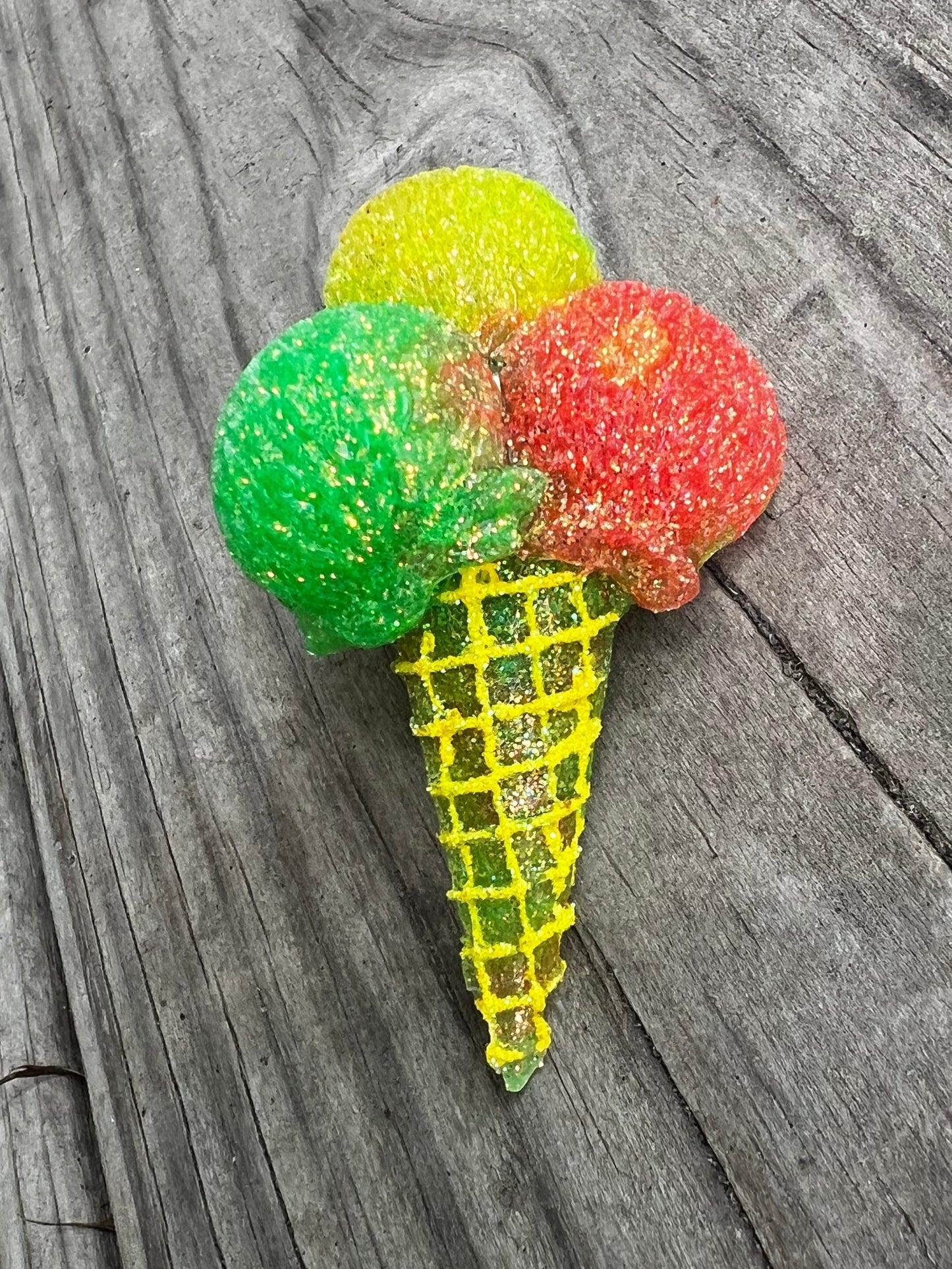 Neatos Elements triple scoop ice cream cone freshie in red, green, and yellow with glitter. Aroma beads.
