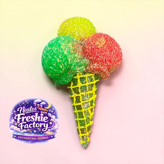 Neatos Elements triple scoop ice cream cone car vent freshie in red, green, and yellow with glitter. Aroma beads.