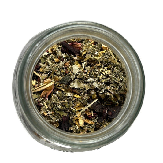 Neatos Elements Iron Root Tea Blend, loose leaf herbal tea with dried nettle, dandelion root, hibiscus, and ginger.