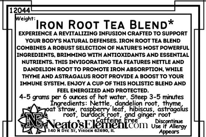 Neatos Elements Iron Root Tea Blend, a caffeine-free herbal tea with nettle, dandelion root, thyme, oat straw, raspberry leaf, hibiscus, astragalus root, burdock root, and ginger.