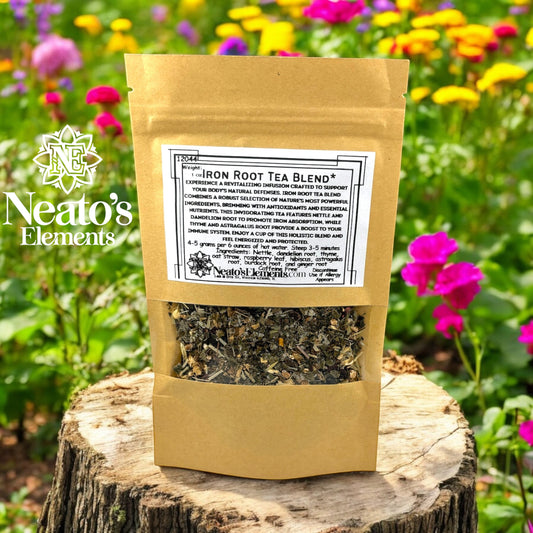 Neatos Elements Iron Root Tea Blend loose leaf tea in a brown pouch, with nettle, dandelion root, thyme, oat straw, raspberry leaf, hibiscus, astragalus root, burdock root, and ginger root.