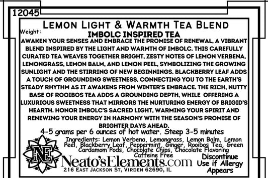 Neato's Elements Lemon Light & Warmth Imbolc Inspired Tea Blend loose leaf tea with lemon verbena, lemongrass, lemon balm, and rooibos.