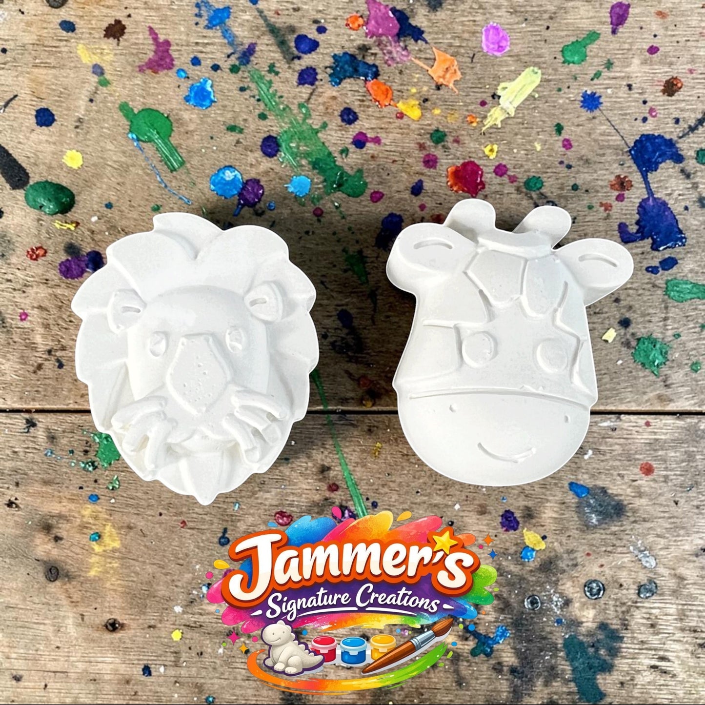 Neatos Elements Wild Whiskers Lion & Giraffe Magnetic Minis plaster craft kit, ready for painting.