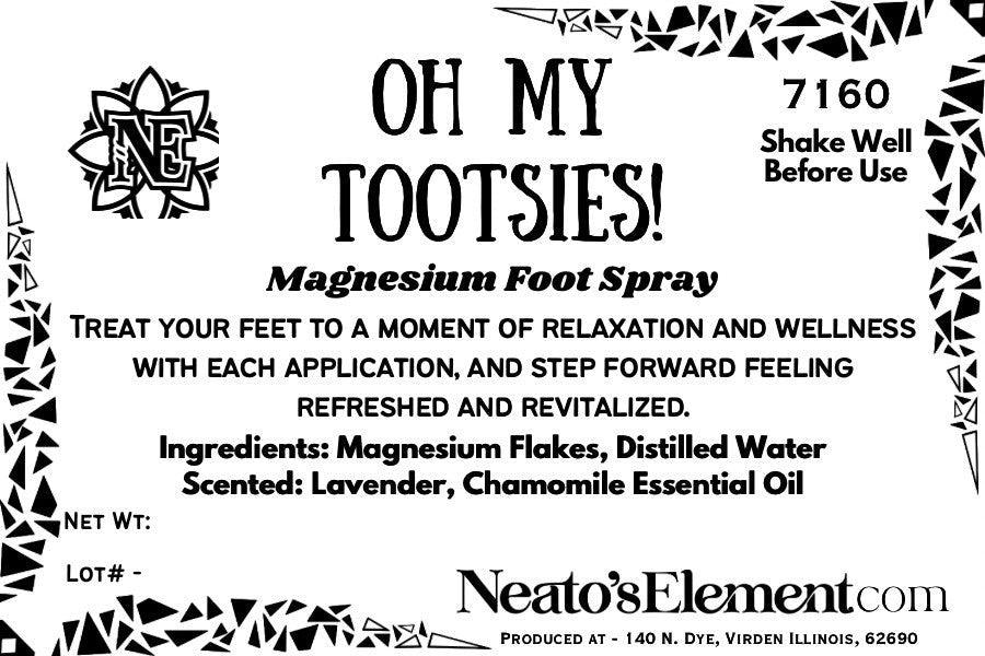 Neatos Elements Oh My Tootsies! Magnesium Foot Spray with lavender & chamomile essential oils in a 1 oz glass bottle.