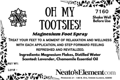 Neatos Elements Oh My Tootsies! Magnesium Foot Spray with lavender & chamomile essential oils in a 1 oz glass bottle.