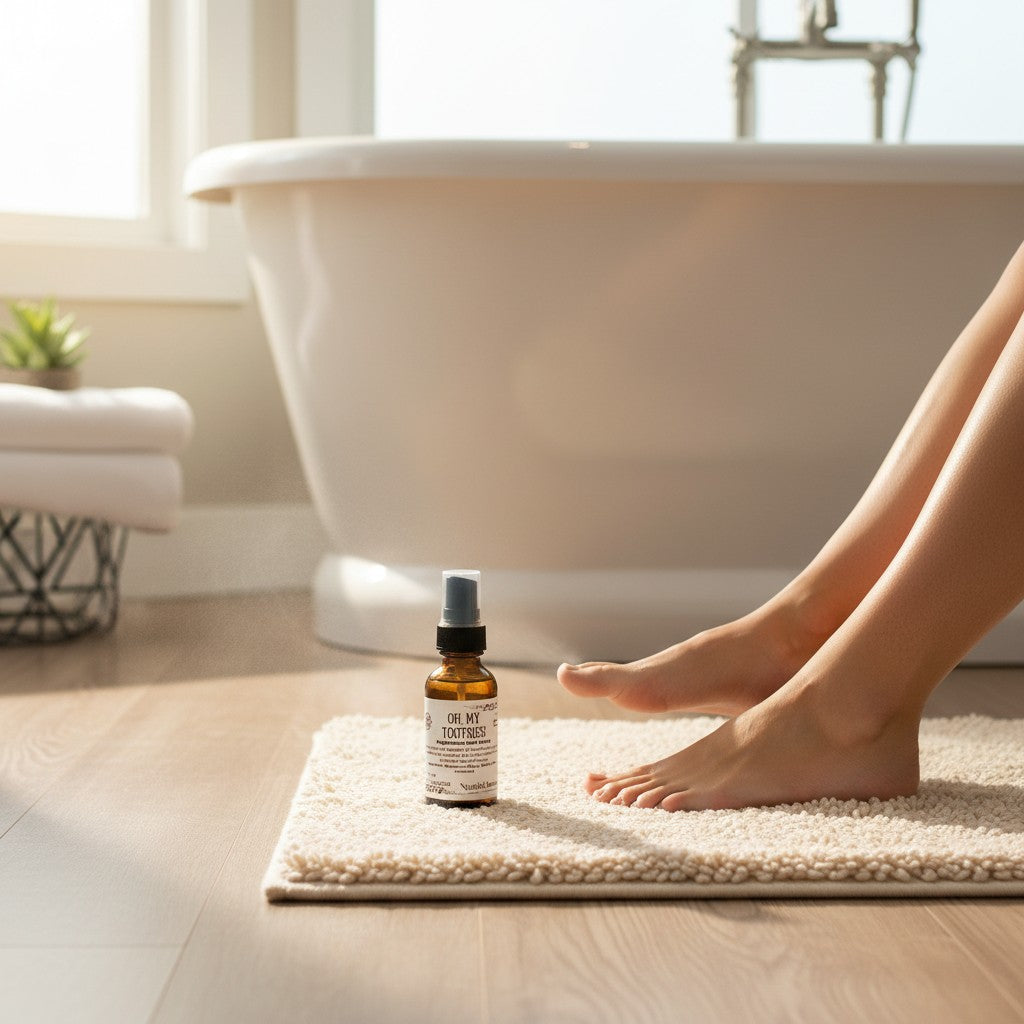 Neatos Elements Oh My Tootsies! Magnesium Foot Spray in a 1 oz amber glass bottle with a black spray top. Unscented.