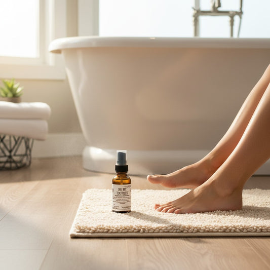 Neatos Elements Oh My Tootsies! Magnesium Foot Spray in a 1 oz amber glass bottle with a black spray top. Unscented.