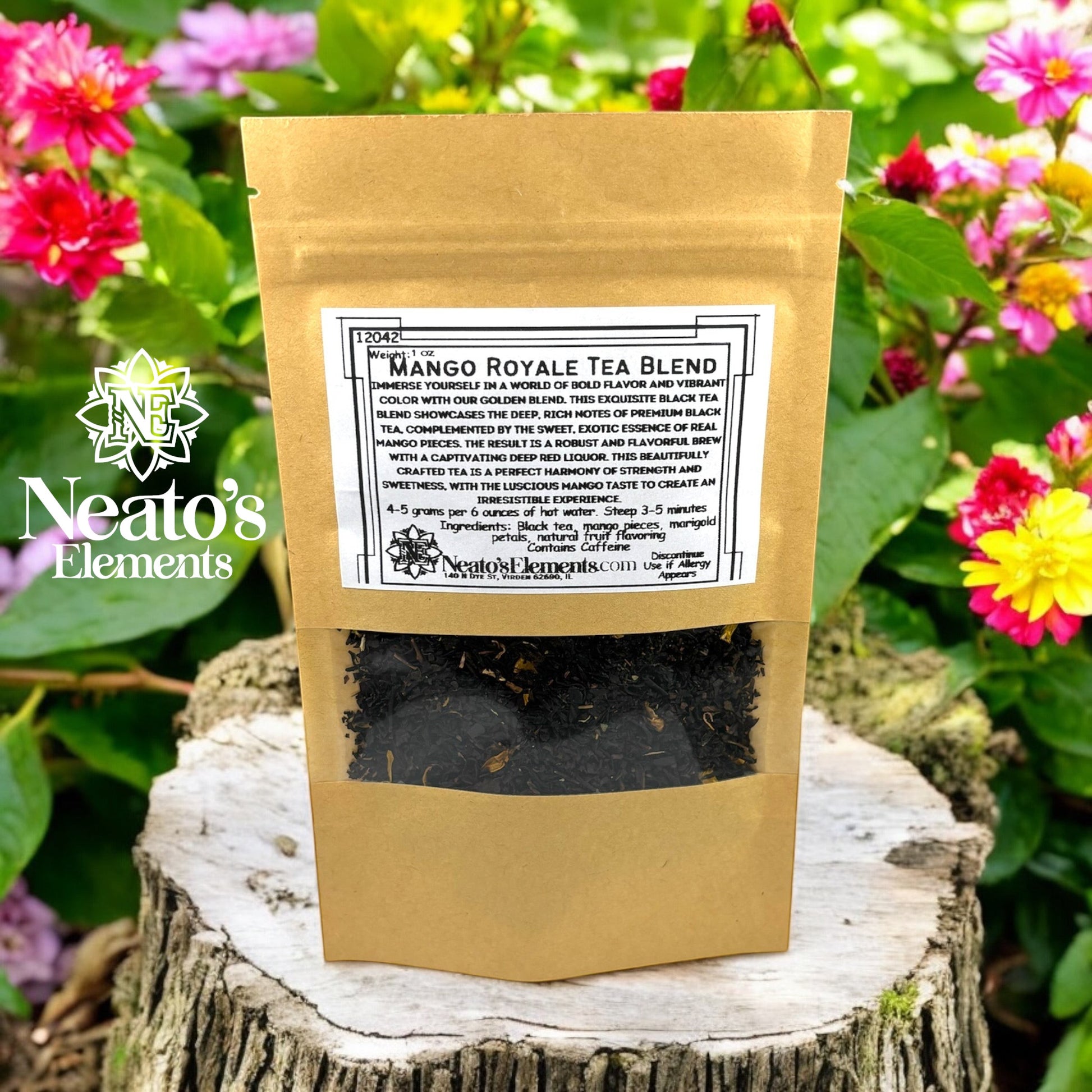 Neato's Elements Mango Royale black tea blend with real mango pieces and marigold petals. Loose leaf tea.