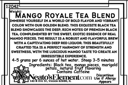 Neatos Elements Mango Royale Tea Blend loose leaf tea with mango pieces and marigold petals. Deep red liquor.