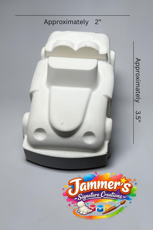 Neatos Elements white plaster mini car figurine, ready to paint, approximately 3.5 inches tall.