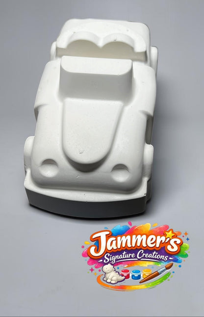 Neatos Elements white plaster mini motor figurine, ready to be painted. Features a classic car design with round headlights