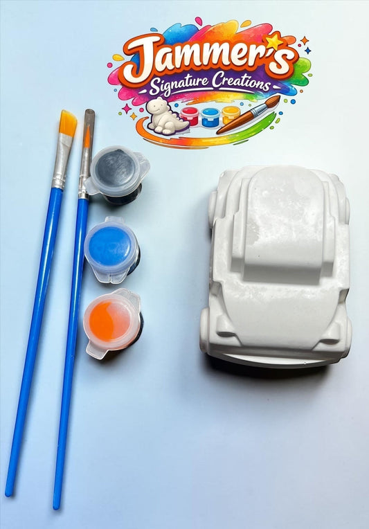 Neatos Elements Mini Motors paint kit with white plaster car, 2 brushes, and 3 paint pots (black, blue, orange).
