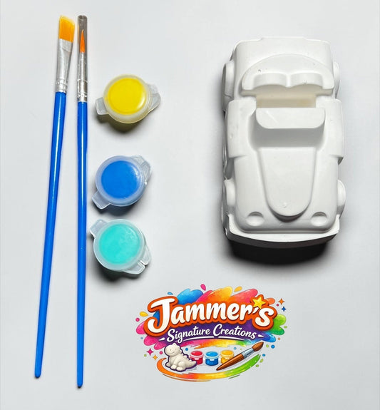 Neatos Elements Mini Motors paint kit with white plaster car figurine, 3 paint pots (yellow, blue, teal), and 2 paint brushes.